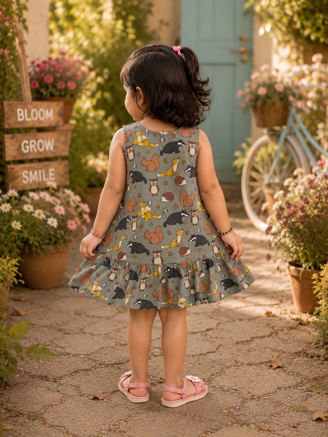 Woodland Animal Print Cotton Dress for Girls | Soft Sleeveless Summer Dress