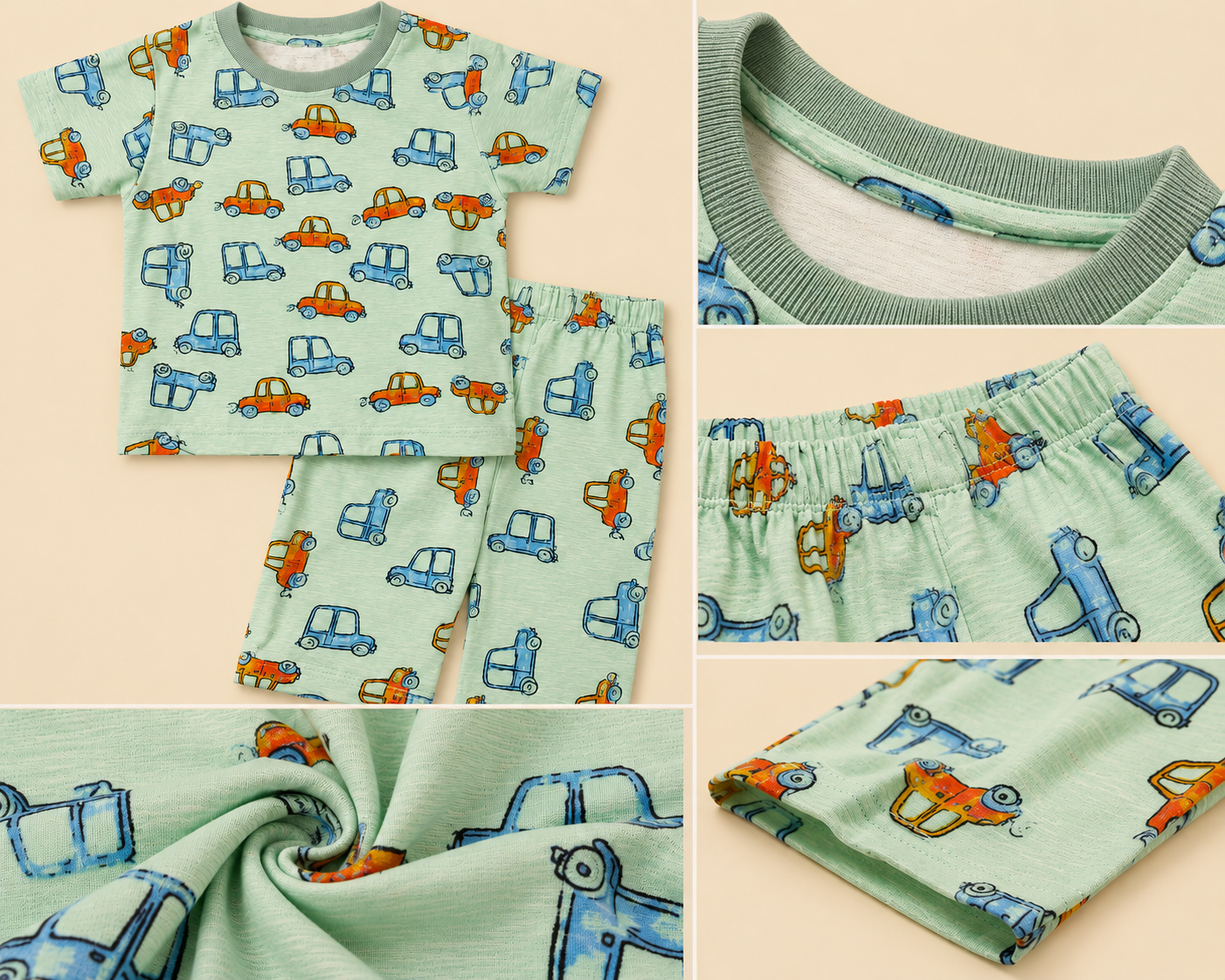 Mint Car Print Cotton Co-ord Set for Kids | Soft Half Sleeve Night Suit