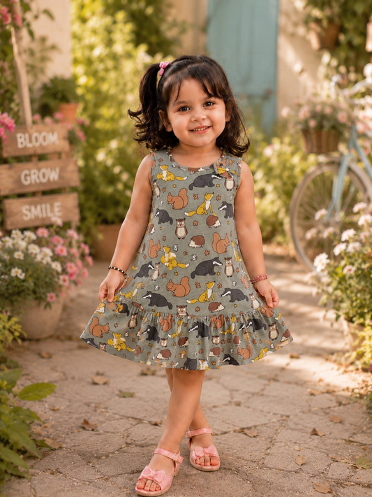 Woodland Animal Print Cotton Dress for Girls | Soft Sleeveless Summer Dress