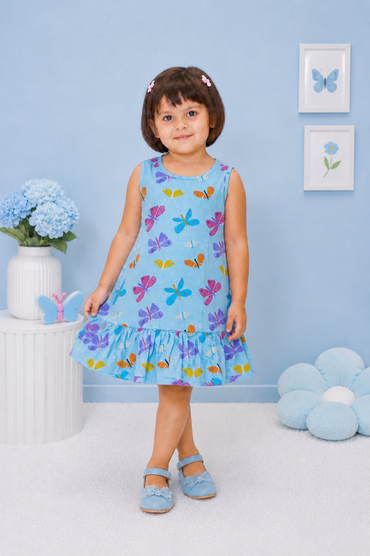 Cute Butterfly Print Sleeveless Dress for Girls | Soft Cotton Summer Frock