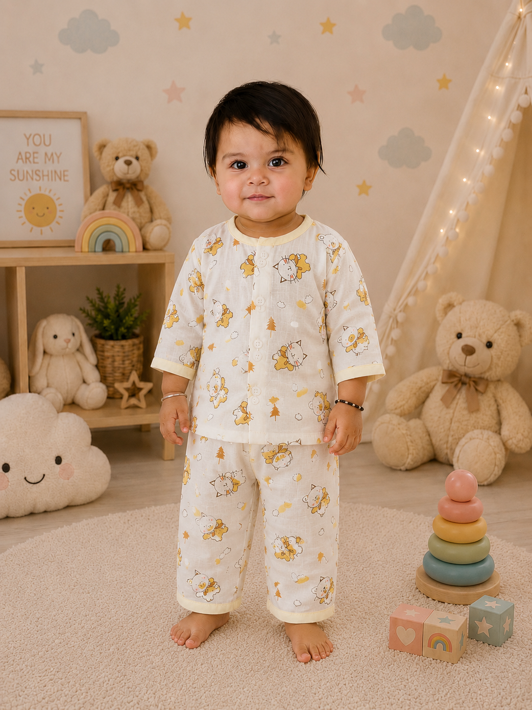 Cute Bear & Kitty Print Muslin Cotton Night Suit for Babies