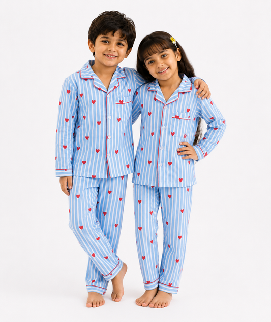 Blue Stripe Heart Print Pure Cotton Night Suit for Kids