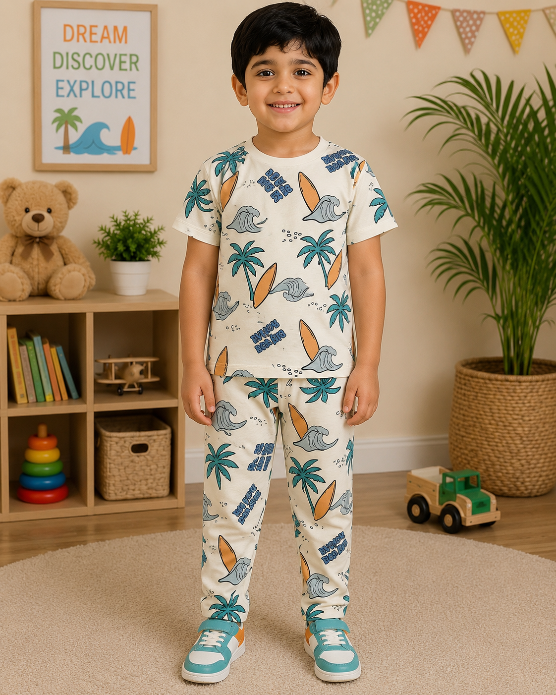 Surf & Palm Print Cotton Co-ord Set for Boys | Soft Half Sleeve T-Shirt & Pants