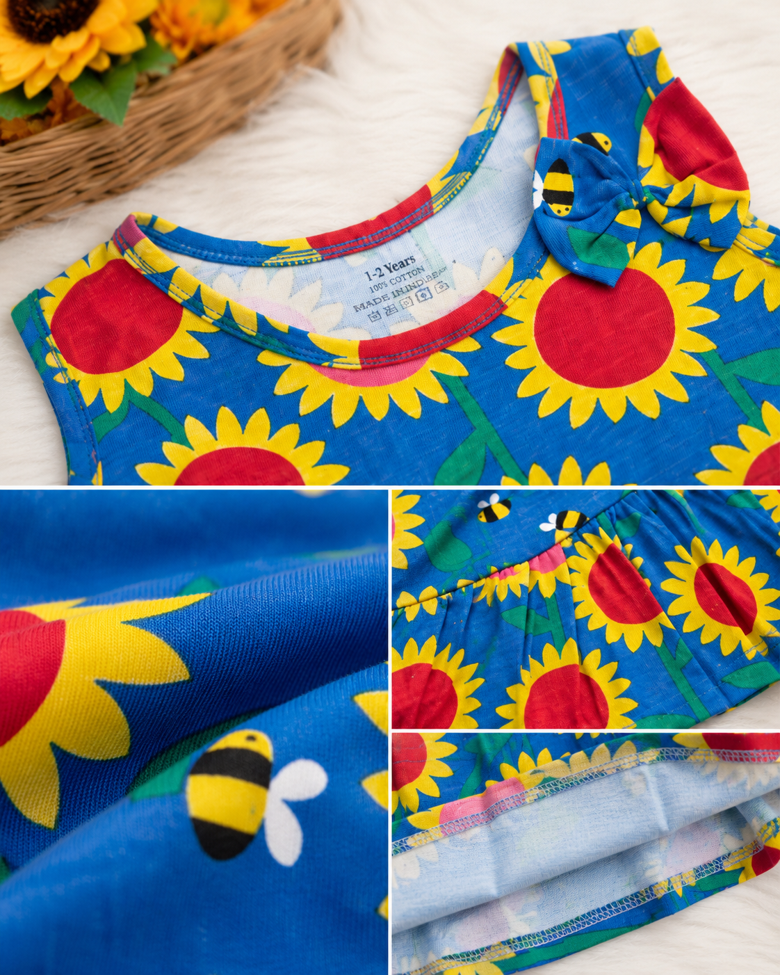 Sunflower Print Cotton Dress for Girls | Soft Sleeveless Summer Dress