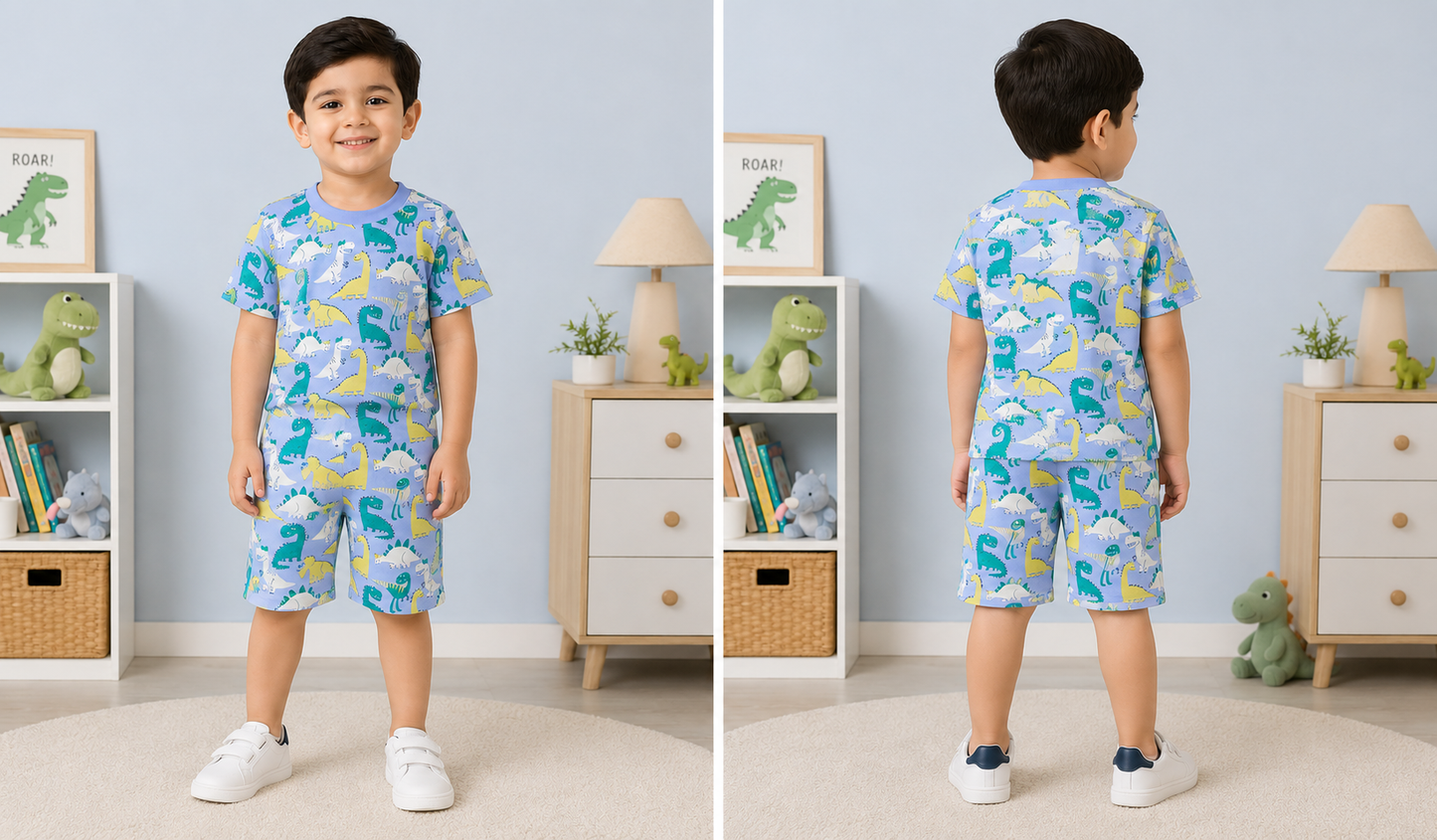 Dinosaur Print Cotton Co-ord Set for Boys | Soft Half Sleeve T-Shirt & Shorts