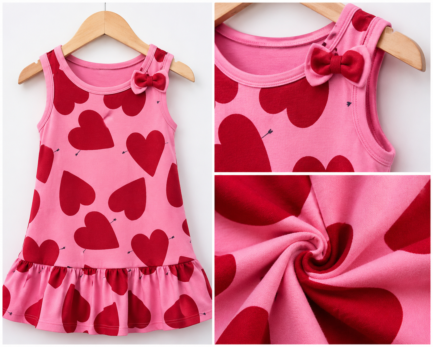 Heart Print Cotton Dress for Girls | Soft Sleeveless Pink Dress