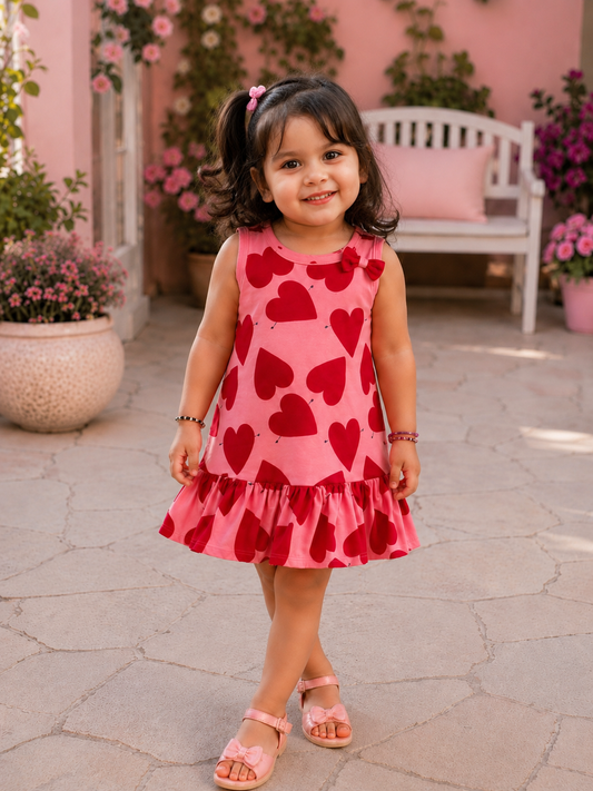 Heart Print Cotton Dress for Girls | Soft Sleeveless Pink Dress