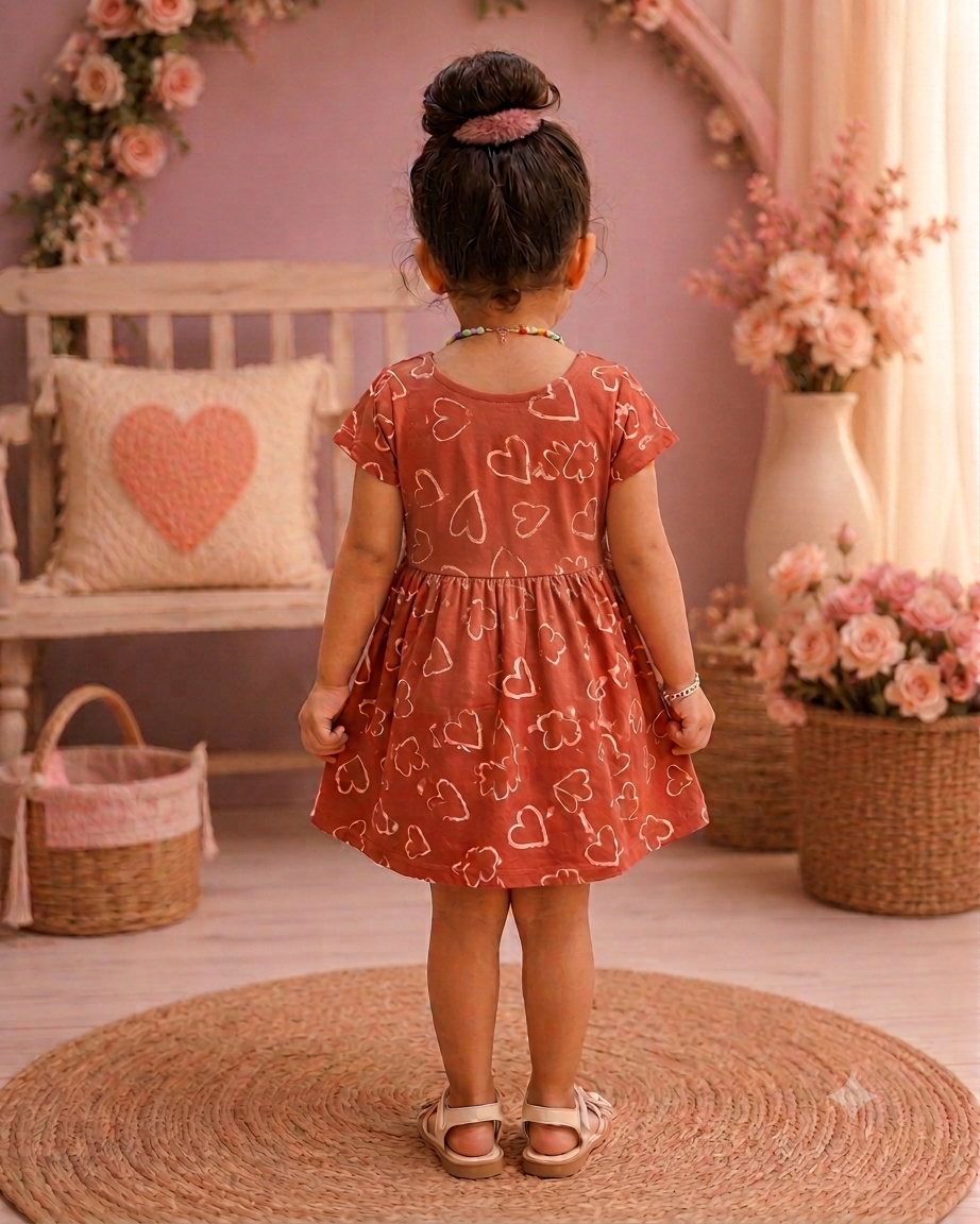 Rust Heart Print Cotton Dress for Girls | Soft Short Sleeve Casual Dress