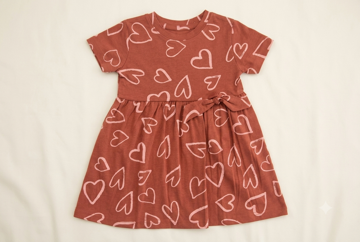 Rust Heart Print Cotton Dress for Girls | Soft Short Sleeve Casual Dress