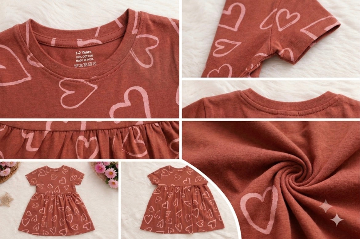 Rust Heart Print Cotton Dress for Girls | Soft Short Sleeve Casual Dress