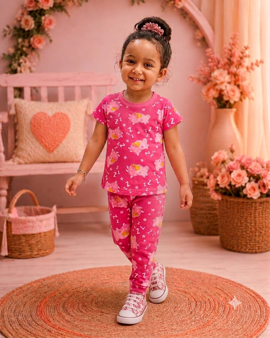 Sleepy Teddy Print Cotton Co-ord Set for Kids | Soft Half Sleeve T-Shirt & Pants Set