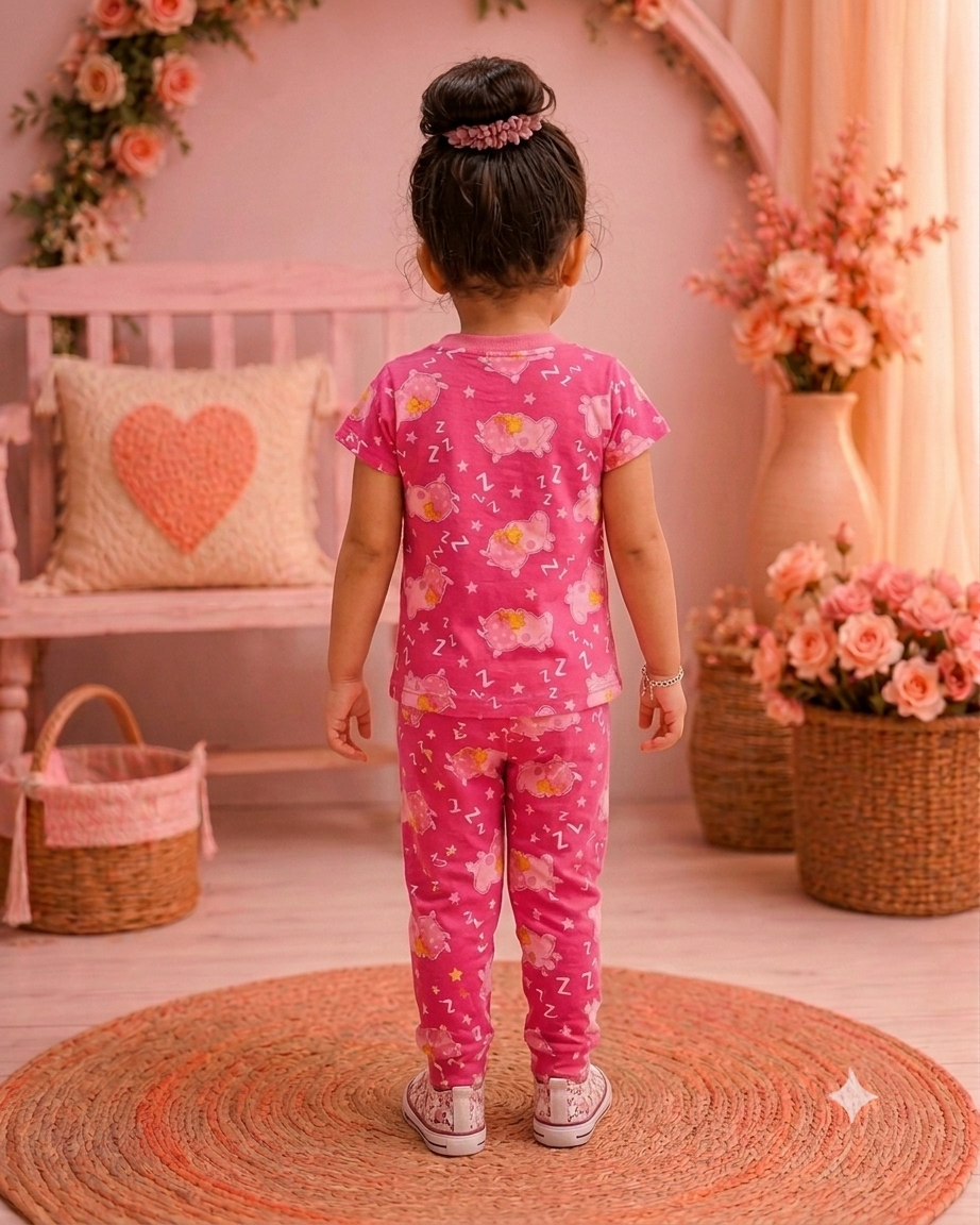 Sleepy Teddy Print Cotton Co-ord Set for Kids | Soft Half Sleeve T-Shirt & Pants Set