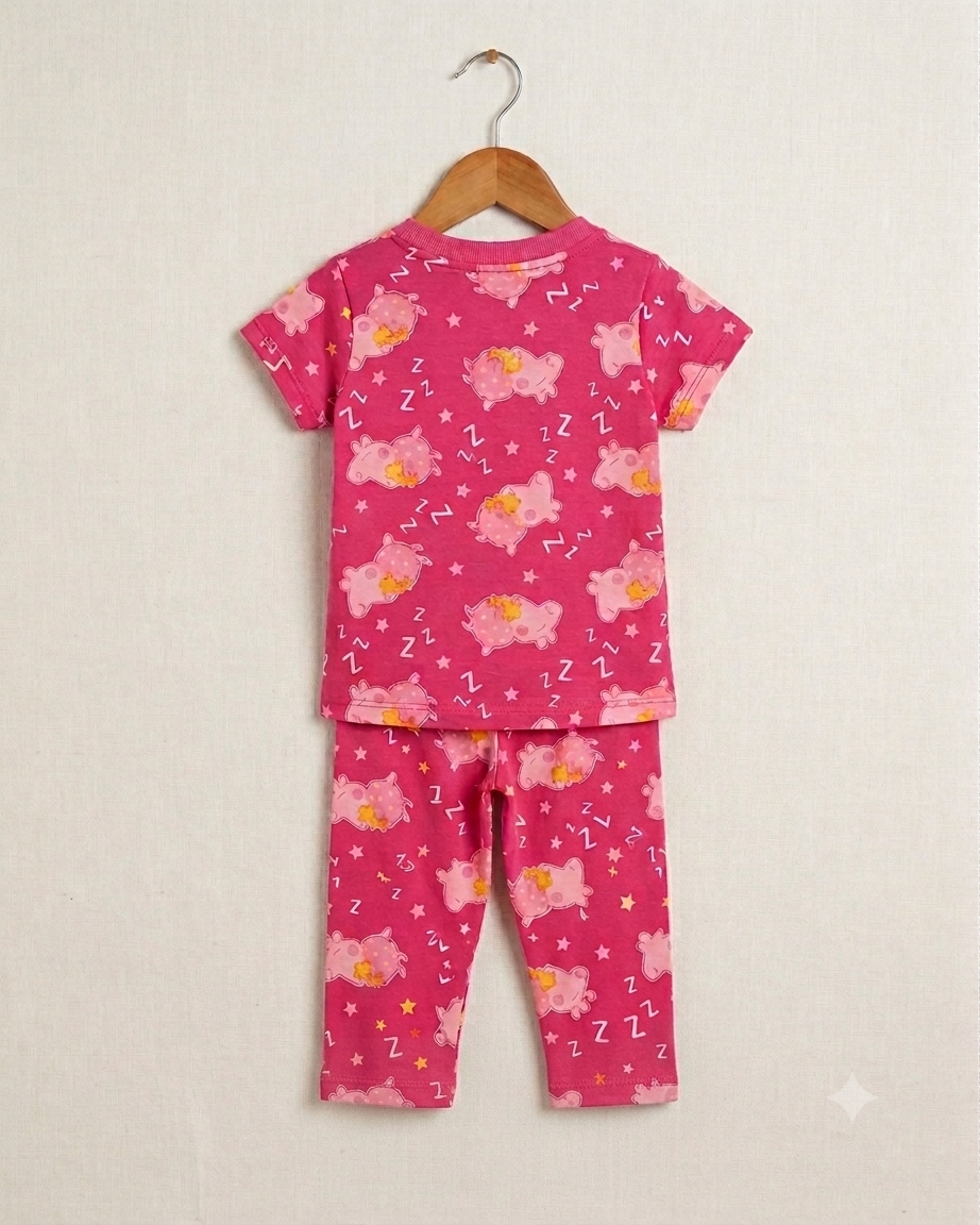 Sleepy Teddy Print Cotton Co-ord Set for Kids | Soft Half Sleeve T-Shirt & Pants Set
