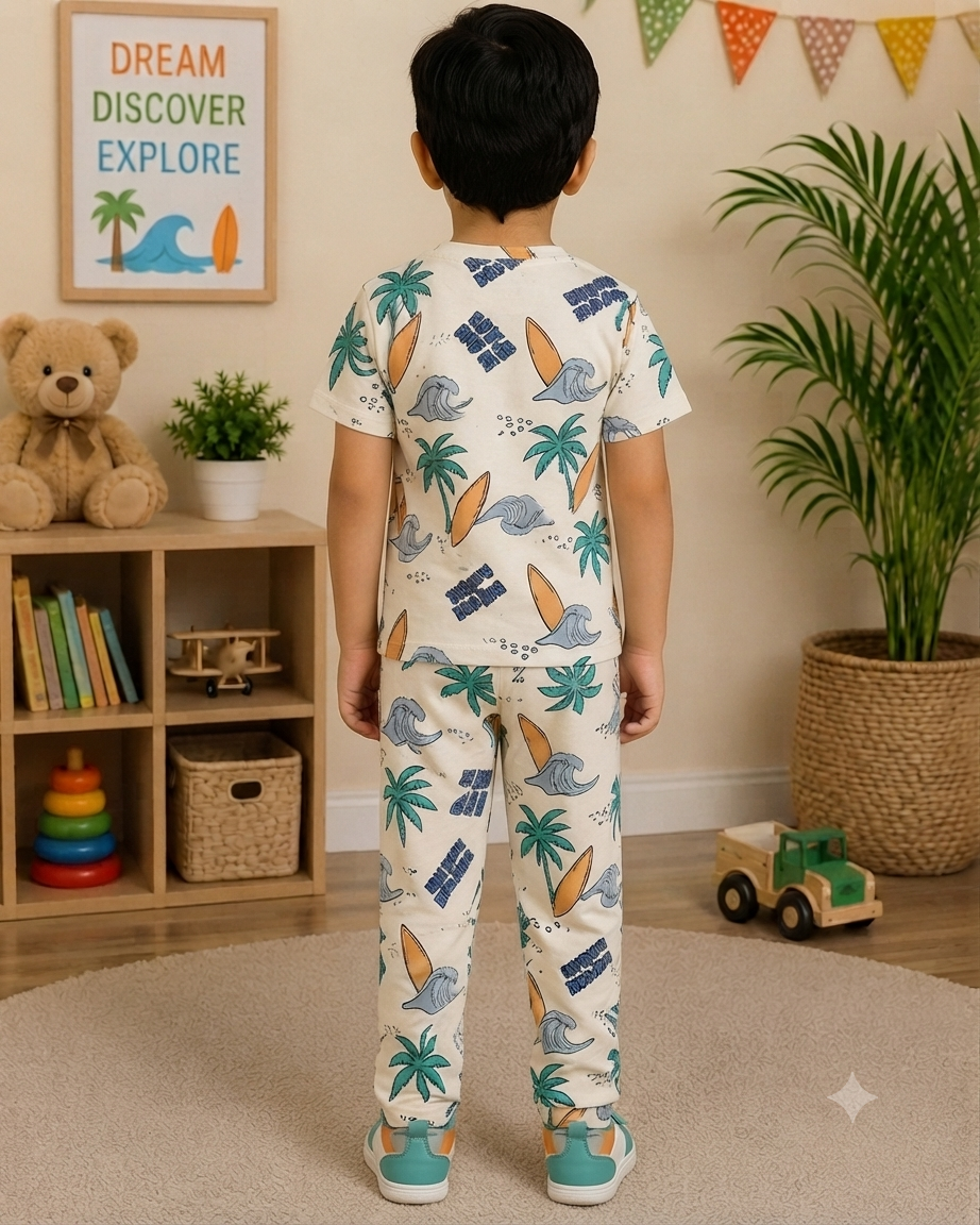 Surf & Palm Print Cotton Co-ord Set for Boys | Soft Half Sleeve T-Shirt & Pants