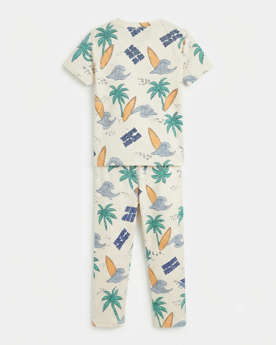 Surf & Palm Print Cotton Co-ord Set for Boys | Soft Half Sleeve T-Shirt & Pants