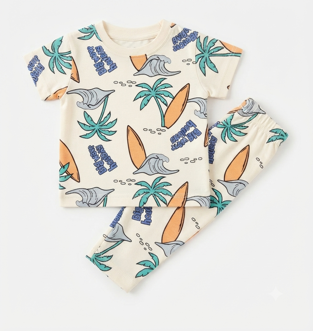 Surf & Palm Print Cotton Co-ord Set for Boys | Soft Half Sleeve T-Shirt & Pants