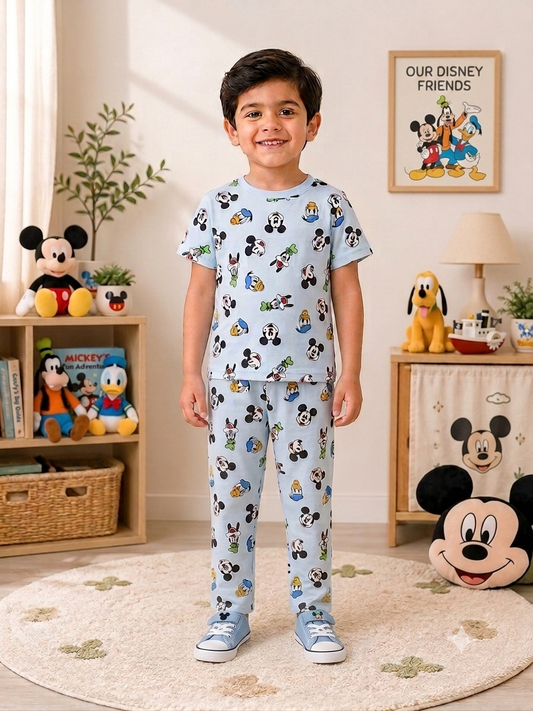 Disney Character Print Cotton Night Suit for Boys | Soft Half Sleeve T-Shirt & Pyjama Set