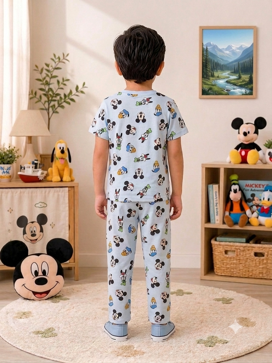Disney Character Print Cotton Night Suit for Boys | Soft Half Sleeve T-Shirt & Pyjama Set
