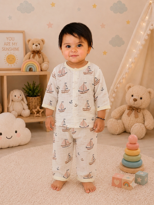 Sailboat Print Muslin Cotton Night Suit for Babies