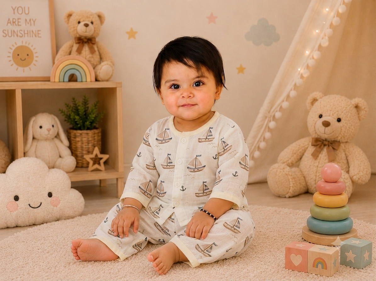 Sailboat Print Muslin Cotton Night Suit for Babies