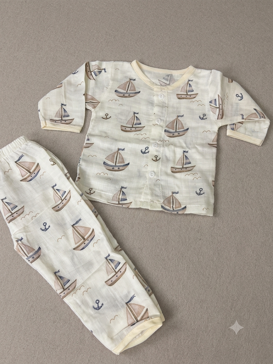Sailboat Print Muslin Cotton Night Suit for Babies