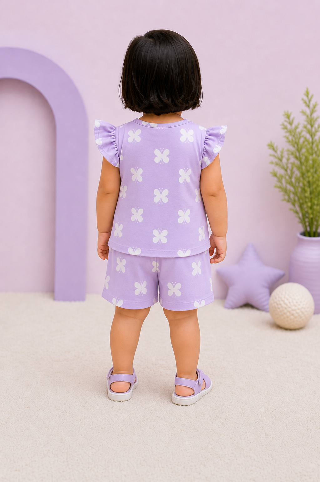 Lavender Butterfly Co-ord Set for Girls (Top & Shorts)