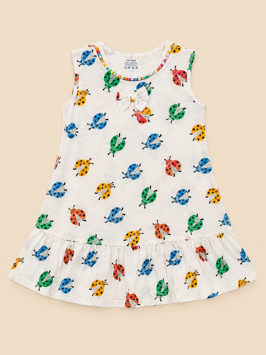 Colorful Ladybug Print Cotton Dress for Girls | Soft Sleeveless Summer Dress