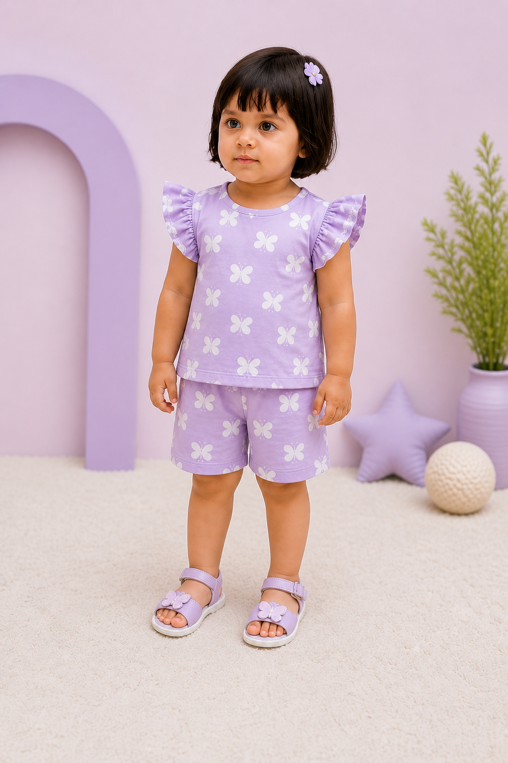 Lavender Butterfly Co-ord Set for Girls (Top & Shorts)