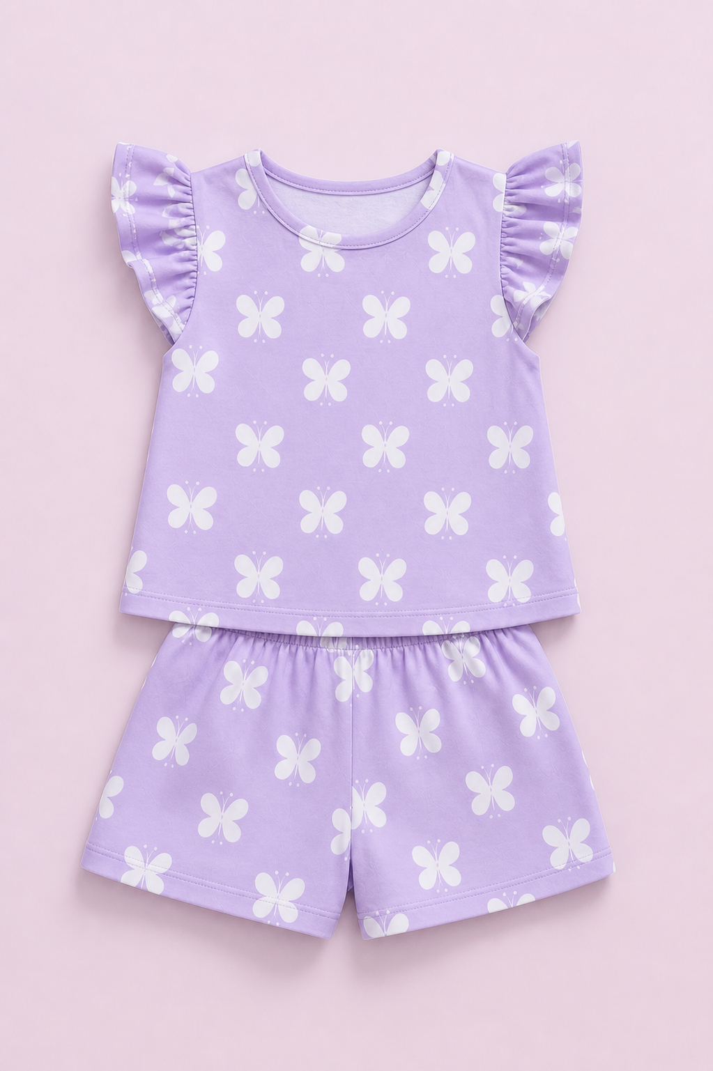 Lavender Butterfly Co-ord Set for Girls (Top & Shorts)