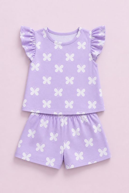 Lavender Butterfly Co-ord Set for Girls (Top & Shorts)