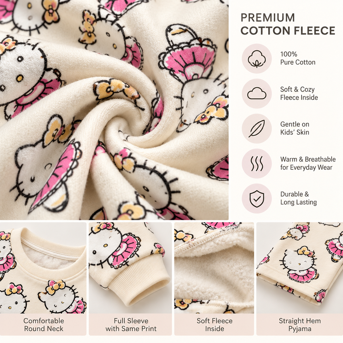 Kitty Printed Cotton Fleece Winter Coord Set for Kids