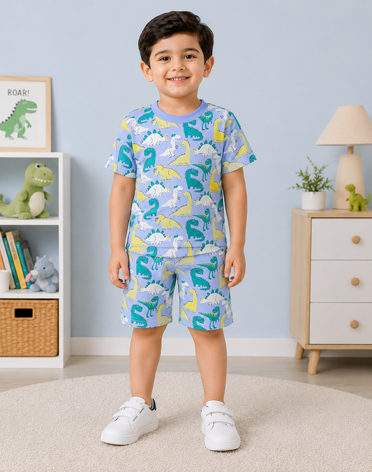 Dinosaur Print Cotton Co-ord Set for Boys | Soft Half Sleeve T-Shirt & Shorts