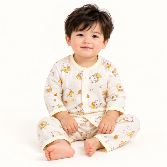 Cute Bear & Kitty Print Muslin Cotton Night Suit for Babies