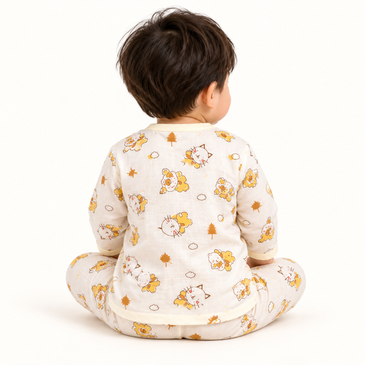 Cute Bear & Kitty Print Muslin Cotton Night Suit for Babies